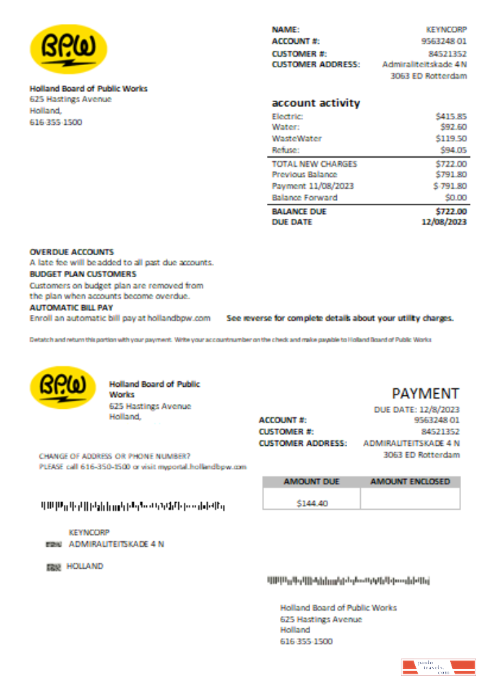 Holland BPW utility business bill,  SCR PSD template